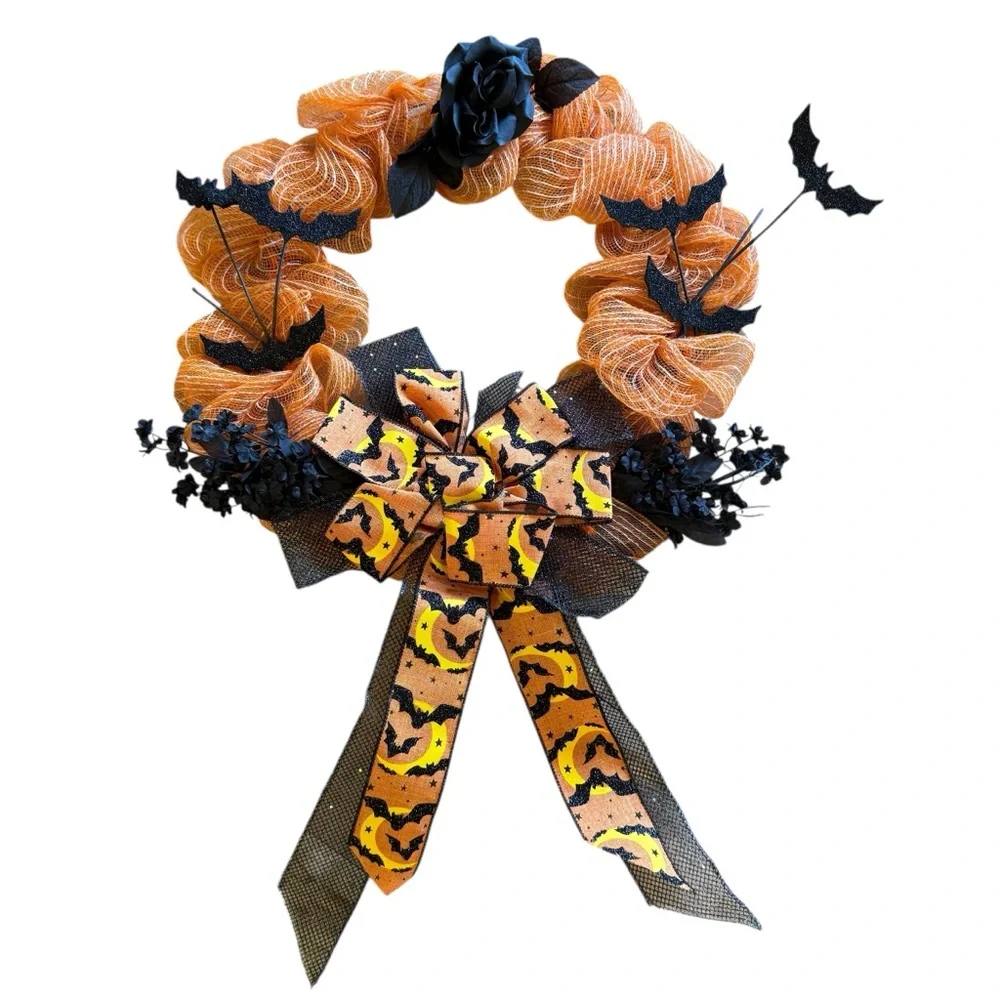 Halloween Orange & White Mesh Wreath with Black Flowers, Bats Ribbon Bow 20